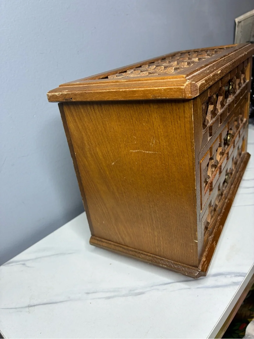 Farrington Japan Wooden Jewelry Box Chest 3 Drawer Carved Lattice Vintag